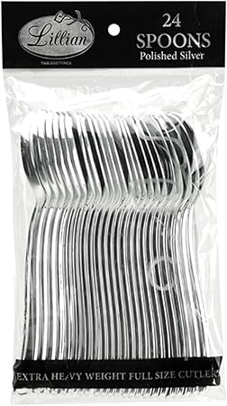 Plastic Cutlery Silverware Extra Heavyweight Disposable Flatware, Full Size Plastic Spoons Like Silver 24 Pack
