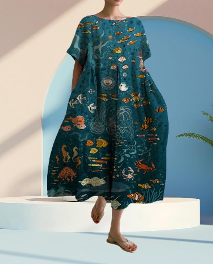 Summer Boho Maxi Dress for Women Short Sleeve Floral Flowy Oversized Loose Fit A-line Casual Beach Dresses
