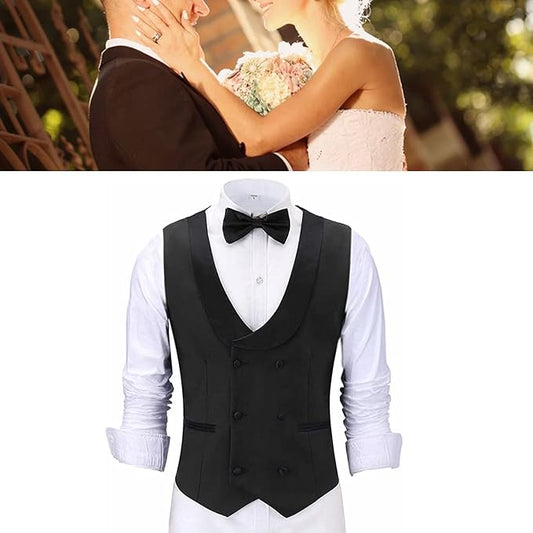 Mens Double Breasted Suit Vest Formal Business Big Lapel Wedding Tuxedo Waistcoat for Groomsmen Fiance Employee (Color : Navy, Size : Small)