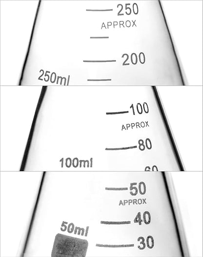 QWORK Borosilicate 3.3 Glass Erlenmeyer Flask Set (50, 100 and 250ml), 3 x Graduated Conical Flask with Glass Stopper for Lab, Experiment, Chemistry