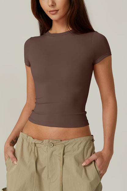QINSEN Women's Crew Neck Short Sleeve Double-Layer Tops Basic Slim Fit Going Out T Shirt
