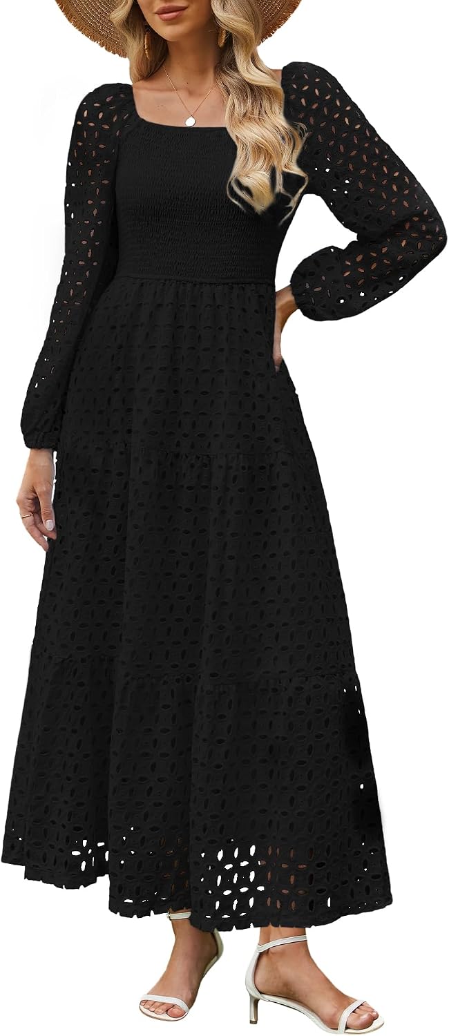 XL, Women's Fall Long Puff Sleeve Maxi Dress Smocked Square Neck Lace Hollow Out Eyelet A Line Boho Flowy Wedding Guest Dresses.