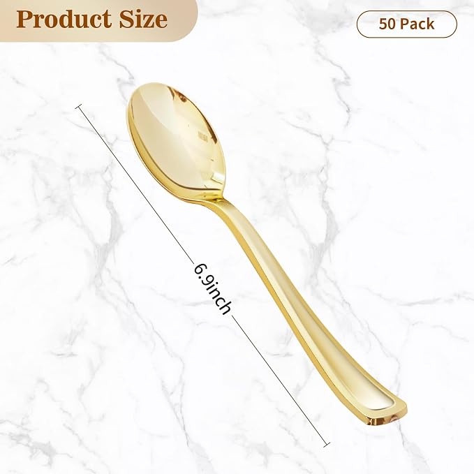 25 Pack 6.9 Inch Gold Plastic Spoons, Heavy Duty Plastic Silverware, Heavyweight Gold Disposable Spoons, Disposable Serving Utensils for Catering, Parties, Dinners, Weddings, Christmas