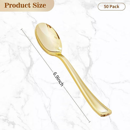 25 Pack 6.9 Inch Gold Plastic Spoons, Heavy Duty Plastic Silverware, Heavyweight Gold Disposable Spoons, Disposable Serving Utensils for Catering, Parties, Dinners, Weddings, Christmas