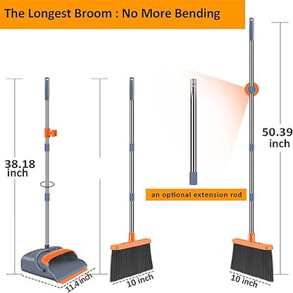 kelamayi Upgrade Broom and Dustpan Set, Self-Cleaning with Dustpan Teeth, IndoorOutdoor Sweeping, Ideal for Dog Cat Pets Home Use, Stand Up Broom and Dustpan (GrayOrange)