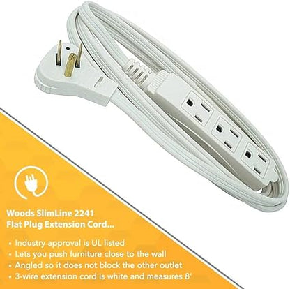 Woods SlimLine Indoor Flat Extension Cord, 8 Ft, 16 Gauge Right Angle Plug, 3 Polarized Outlets, 125 Volts, White, 2241