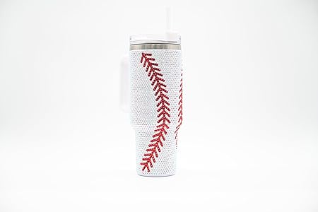 40 Oz Rhinestone Bling Tumbler Cup with Handle and Straw (BASEBALL), Stainless Steel and Double Wall Insulated