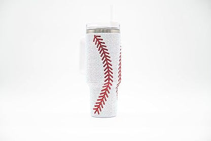 40 Oz Rhinestone Bling Tumbler Cup with Handle and Straw (BASEBALL), Stainless Steel and Double Wall Insulated