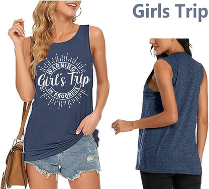 Women Vacation Tank Tops Summer Warning Girls Trip in Progress Shirts Letter Printed Graphic Sleeveless Tee