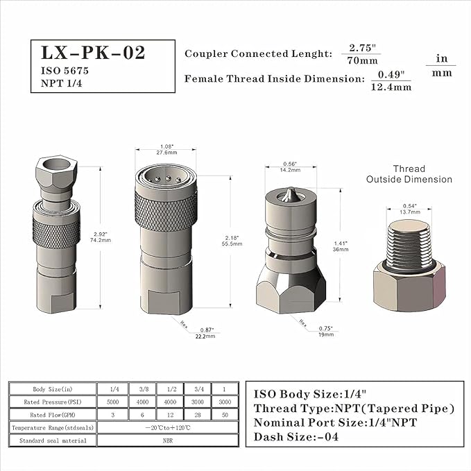 1-Set 14'' Ag ISO5675 Carbon Steel Hydraulic Quick Disconnect CouplingCoupler Poppet Valve,Pioneer Type, Set wDust Cap