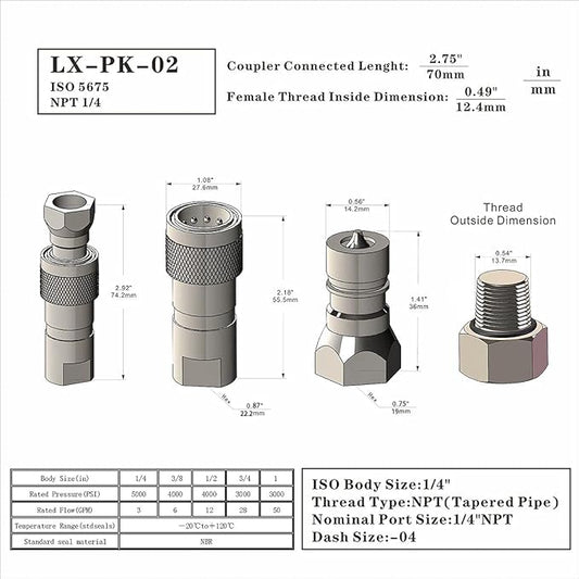 1-Set 14'' Ag ISO5675 Carbon Steel Hydraulic Quick Disconnect CouplingCoupler Poppet Valve,Pioneer Type, Set wDust Cap