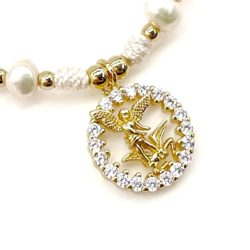 St Michael Archangel Pendant Medal on Adjustable Ivory Cord and Freshwater Pearls Wrist Adjustable Bracelet (Ivory)