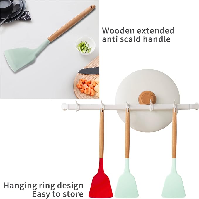 Silicone Solid Spatula with Wooden Handle, Heat Resistant and Non Stick Cooking Utensil, Kitchen Turner for Frying, Baking, Flipping, Mixing, Serving, Draining, Stirring (light green)