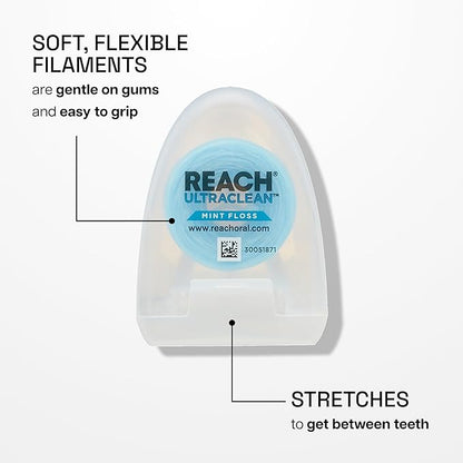 REACH Ultraclean Dental Floss, Mint, Plaque Remover for Teeth, Shred Resistant, Waxed, Easy on Gums & Teeth, Mint, Oral Care, PFAS Free, for Adults & Kids, 1 Pack, 30 yd
