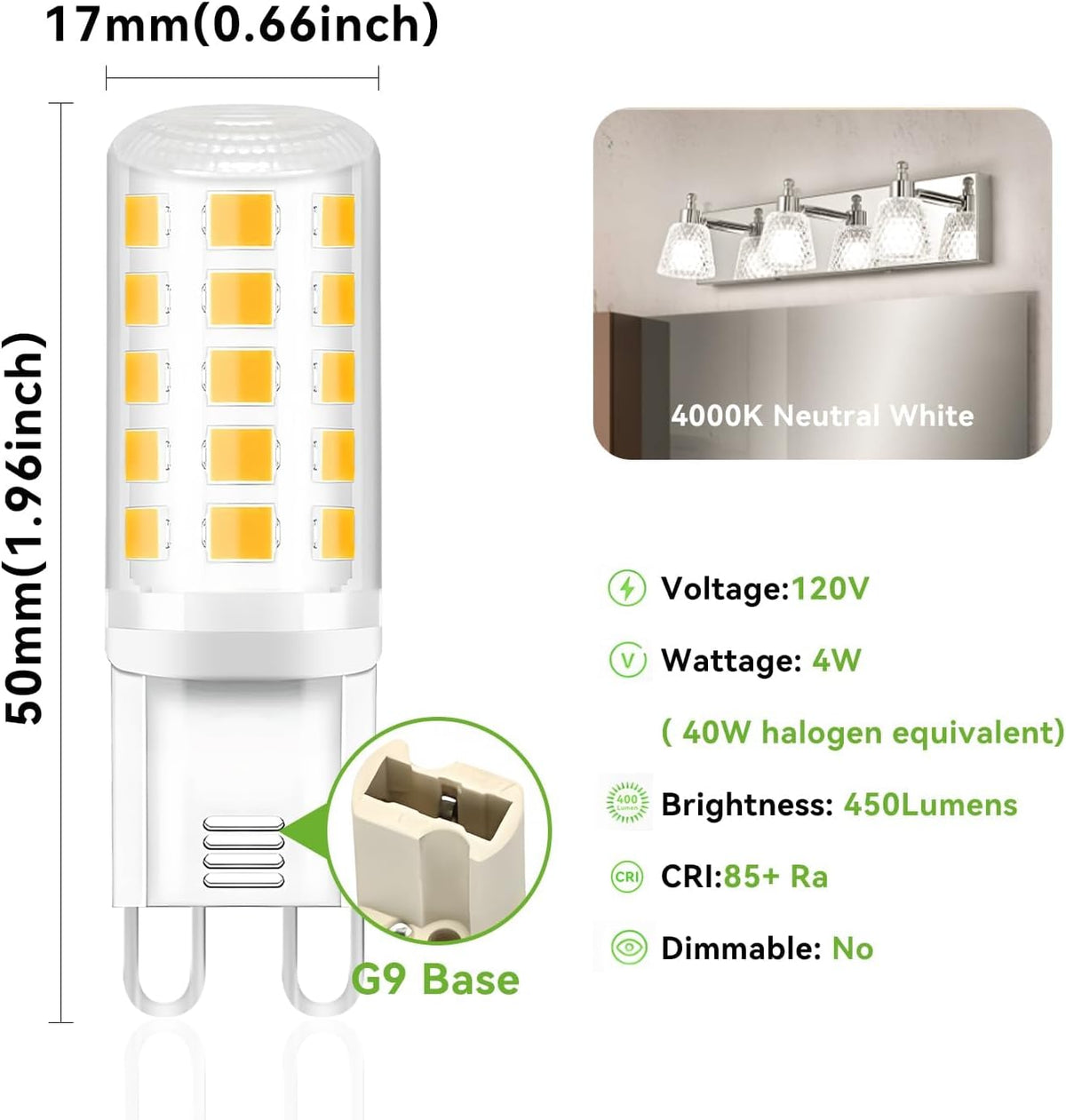 TJOY 12 Pack G9 LED Bulb 4W, 40 Watt T4 G9 Halogen Equivalent, 4000K Neutral White, G 9 T4 Bi-pin Base Small Light Bulb for Crystal Chandelier, 120V 450 Lumen Energy Saving, Non-dimmable