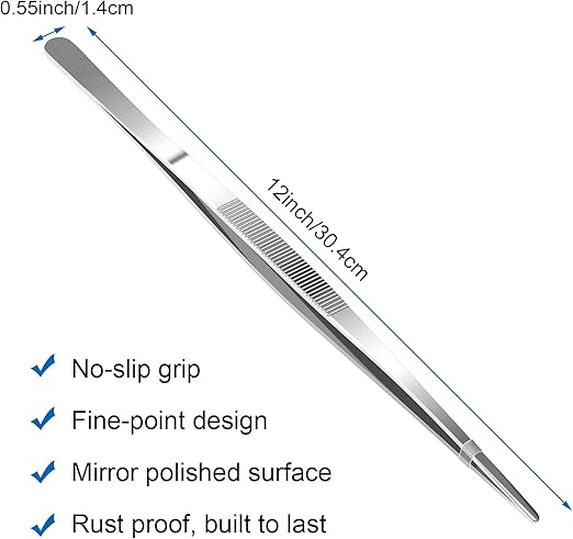 AHIER 12inch Kitchen tweezer Stainless Steel, Long tweezer with Precision Serrated Tips for Cooking Pincette for Sea food, Bar Tweezer