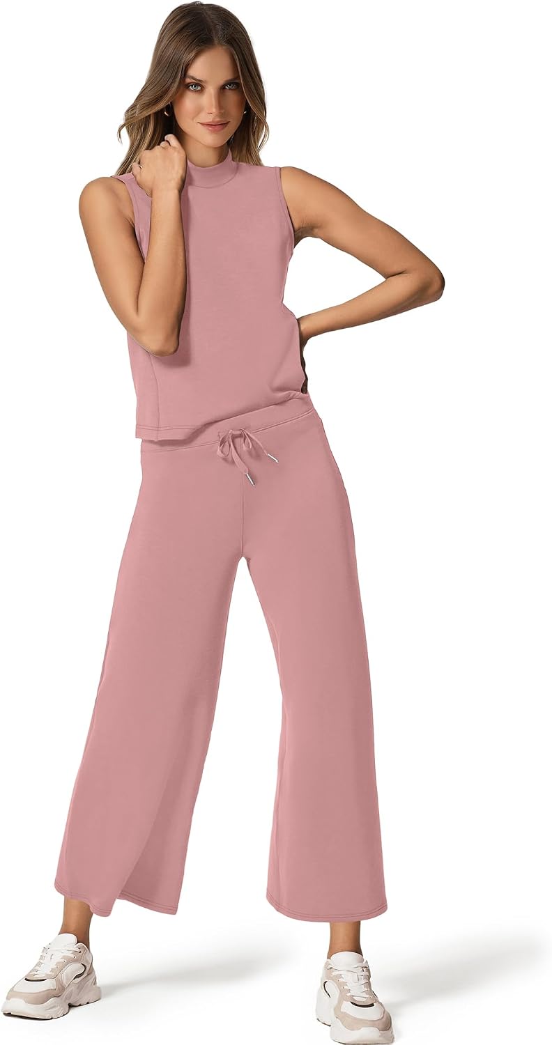 SAMPEEL Two Piece Sets for Women Summer Outfits Lounge Sets Mock Neck Tops Wide Leg Crop Pants Vacation Travel Outfits