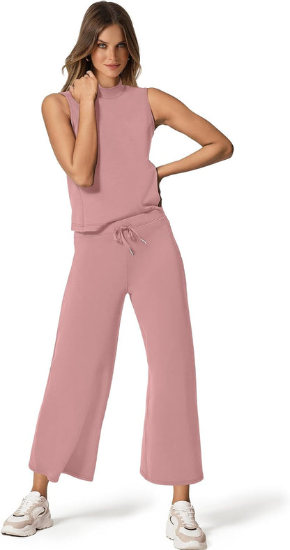 SAMPEEL Two Piece Sets for Women Summer Outfits Lounge Sets Mock Neck Tops Wide Leg Crop Pants Vacation Travel Outfits