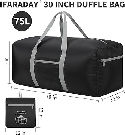 Foldable Duffle Bag for Travel - 30 inch / 75L Large Spare Travel Duffel Bag Lightweight with Trolley Sleeve - Black