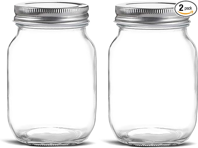 Glass Regular Mouth Mason Jars, 16 oz Clear Glass Jars with Silver Metal Lids for Sealing, Canning Jars for Food Storage, Overnight Oats, Dry Food, Snacks, Candies, DIY Projects (2 PACK)