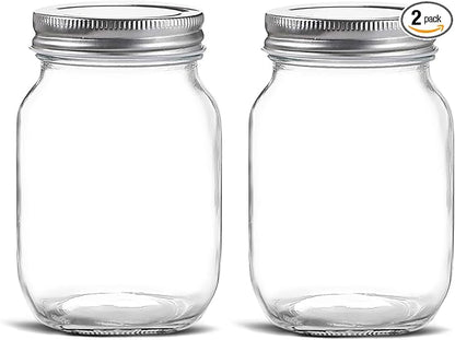 Glass Regular Mouth Mason Jars, 16 oz Clear Glass Jars with Silver Metal Lids for Sealing, Canning Jars for Food Storage, Overnight Oats, Dry Food, Snacks, Candies, DIY Projects (2 PACK)