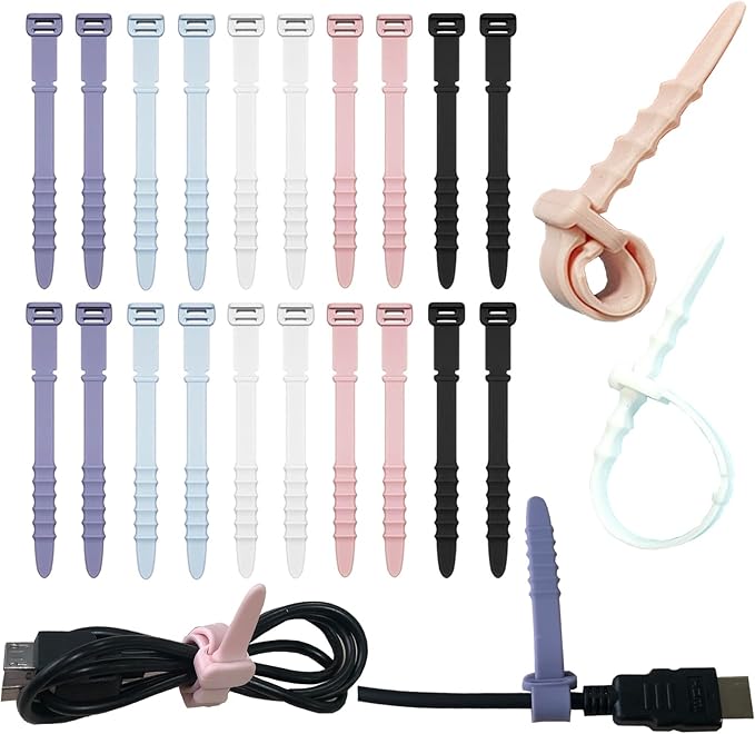 Silicone Zip Ties, Reusable Zip Ties, 20pcs Rubber Cable Ties Straps for Wire Management, Elastic Cable Organizer for Home Office Table Desk. 4.5 Cord Ties in White, Black, Pink, Purple and Blue