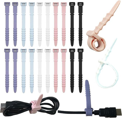 Silicone Zip Ties, Reusable Zip Ties, 20pcs Rubber Cable Ties Straps for Wire Management, Elastic Cable Organizer for Home Office Table Desk. 4.5 Cord Ties in White, Black, Pink, Purple and Blue