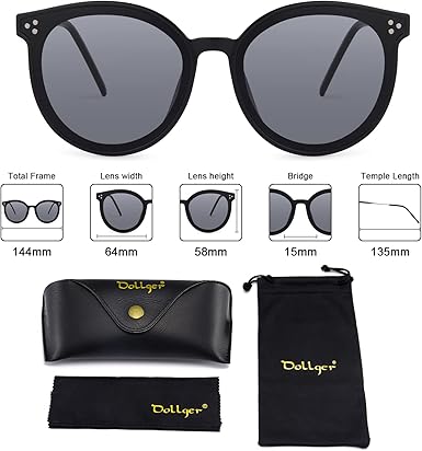 Dollger Classic Round Sunglasses for Women Men Big Black Retro Trendy Shades UV400 Sunnies Frame