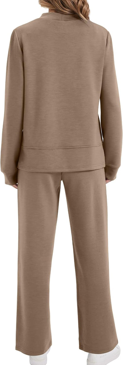 XIEERDUO Women's Side Slit Lounge Sets 2 Piece Outfits Mock Neck Tracksuit Fashion Sweatsuit Wide Leg Loungewear S-3XL