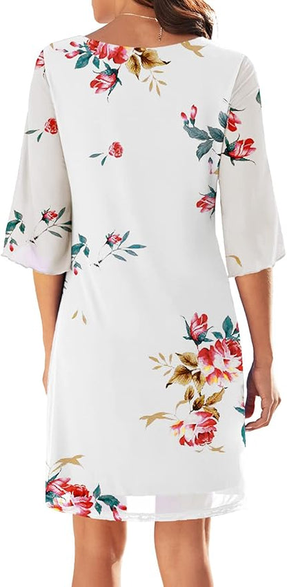 Women's Casual Loose 3/4 Sleeve Stretch Mesh Wedding Guest Dress Scoop Neck Cocktail Party Formal Dresses