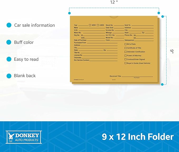 Printed Vehicle Deal Envelopes 9x12 Deal Jackets (100 shrink wrapped) (Buff)
