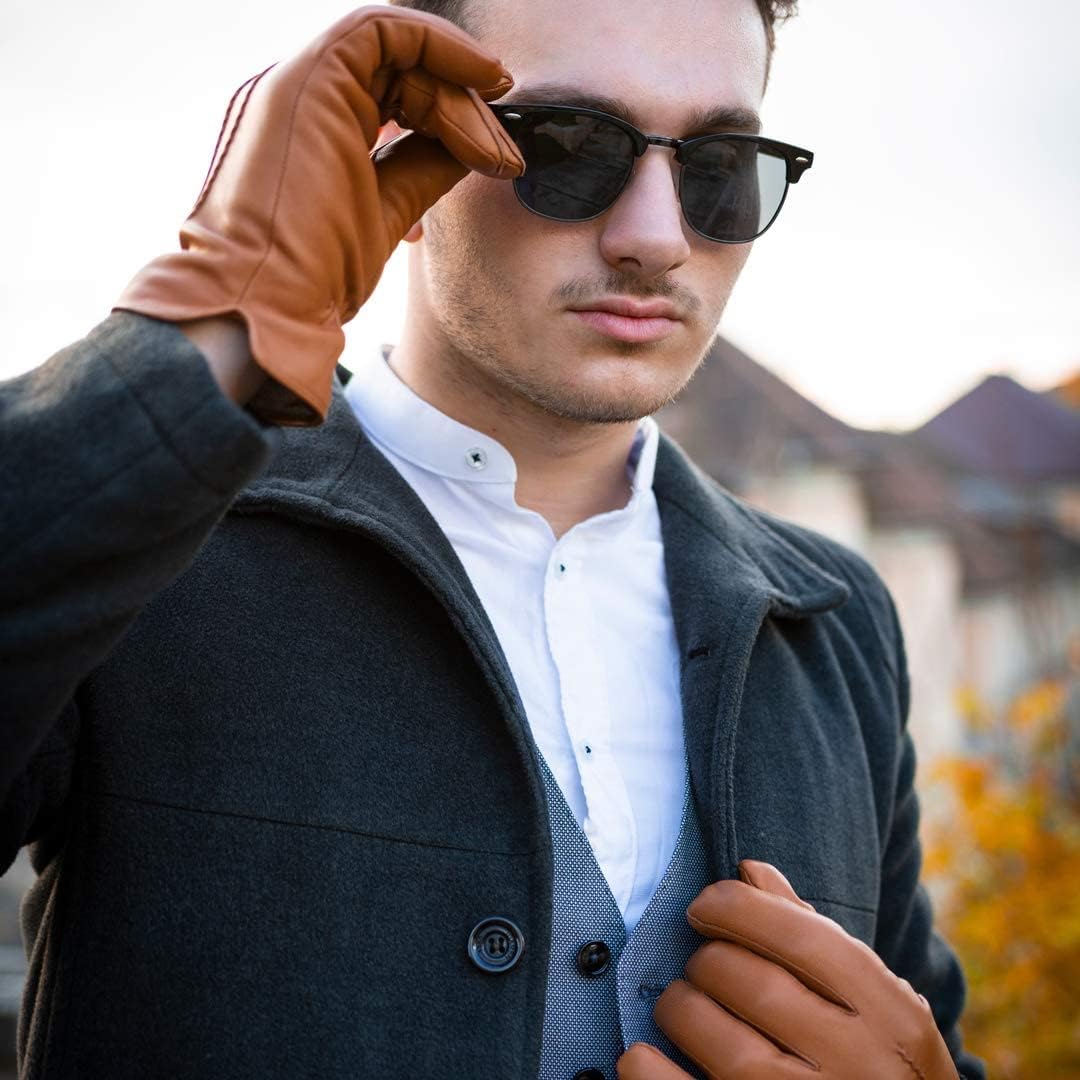 Harssidanzar Leather Gloves for Men,Winter Sheepskin Driving Gloves Cashmere Lined