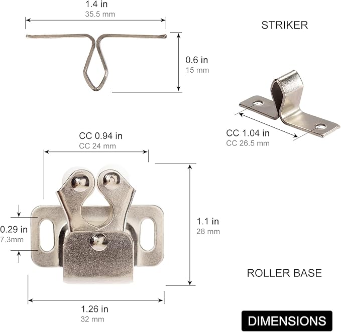 2 PCS Cabinet Latch Double Roller Catch Hardware for Cupboard Closet Cabinet Door Latches and Catches, Nickel