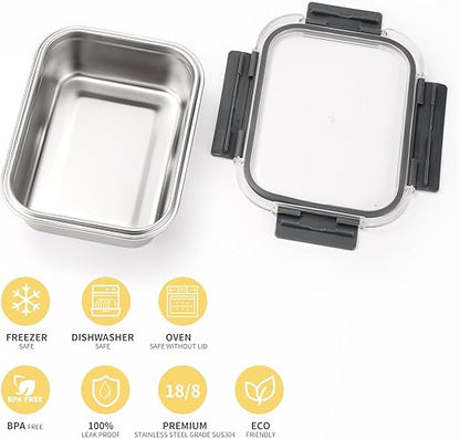 Set of 2 stainless steel food containers with lids, Airtight kimchi containers, Leakproof meal prep bento box, Dishwasher/Oven/Freezer safe