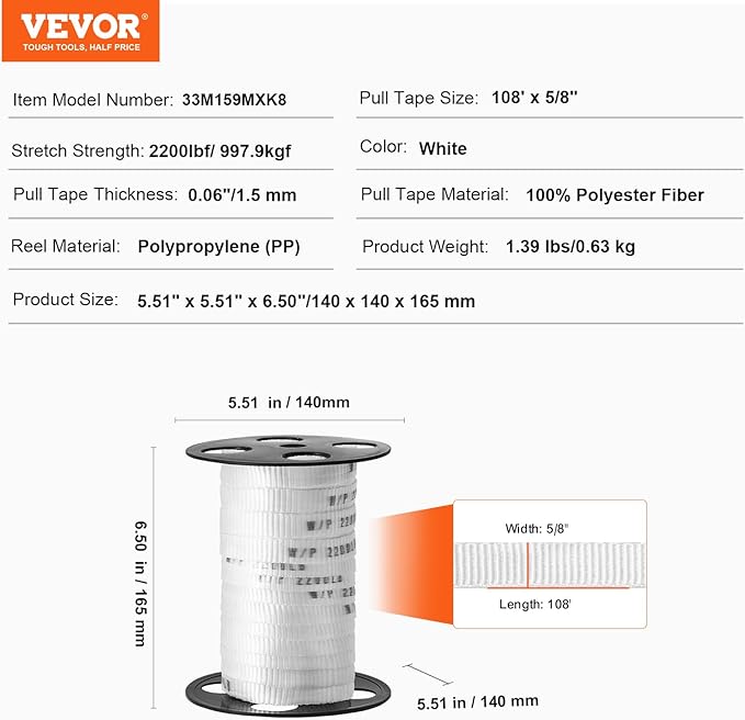 VEVOR Polyester Pull Tape, 5/8" x 108' Mule Tape Flat Rope, 2200 lbf Tensile Capacity, Printed Webbing Cable Pulling Tape for Packaging, Gardening, Commercial Electrical, Conduit Work, White