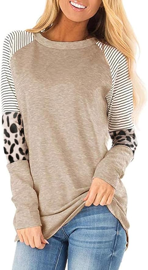 Leopard Print Tops for Women Long Sleeve Crew Neck Patchwork T Shirt Blouse