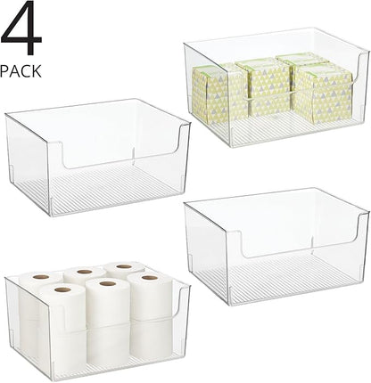 mDesign Large Modern Plastic Open Front Dip Storage Organizer Bin Basket for Bathroom Organization - Vanity Shelf, Cubby, Cabinet, and Closet Organizing Decor - Ligne Collection - 4 Pack - Clear