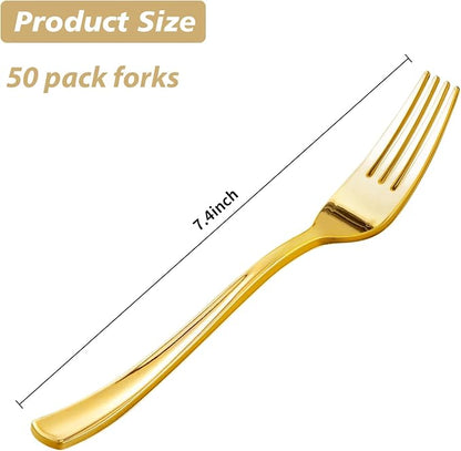 50 Pack Gold Plastic Forks, Heavy Duty Forks Disposable, Plastic Cutlery Perfect for Weddings, Parties, Dinners and Thanksgiving