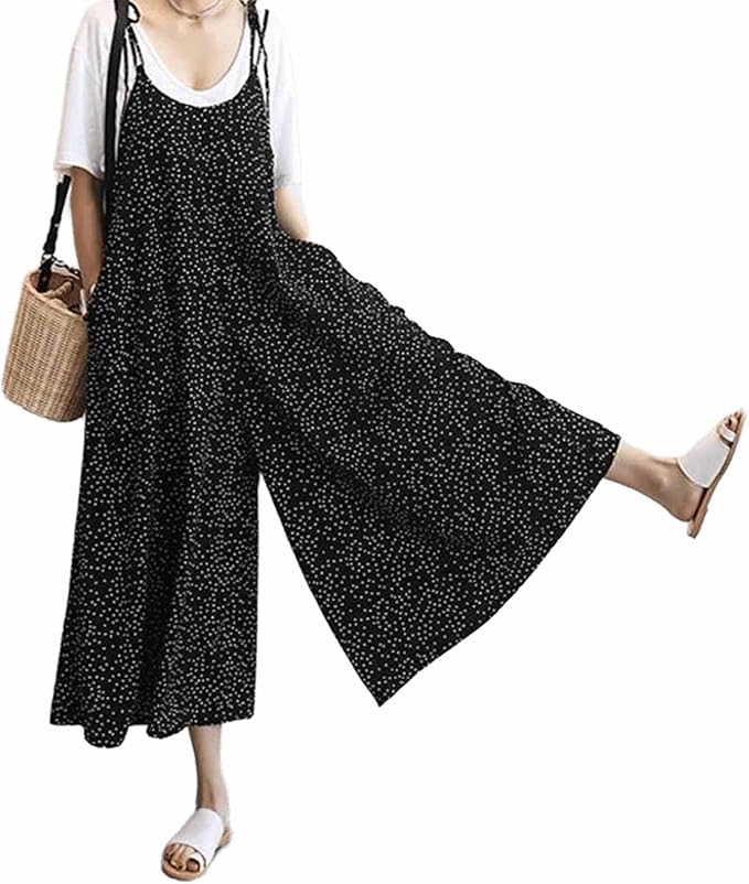 Wide leg jumpsuit, women's polka dot suspender, cropped pants, casual loose overalls