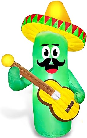 TURNMEON 8 Ft Tall Inflatable Cactus Mexican Fiesta Party Decorations with Taco Sombreros Guitar LED Lights Blow Up Mexican Day of The Dead Fiesta Party Favors for Yard Lawn Dia de Los Muertos Decor