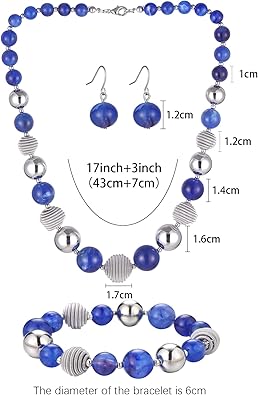 PEARLCLUB Beaded Chunky Statement Necklace Earring and Bracelet Set Silver Metal Bead Fashion Jewelry Set Mothers Day Gifts for Women