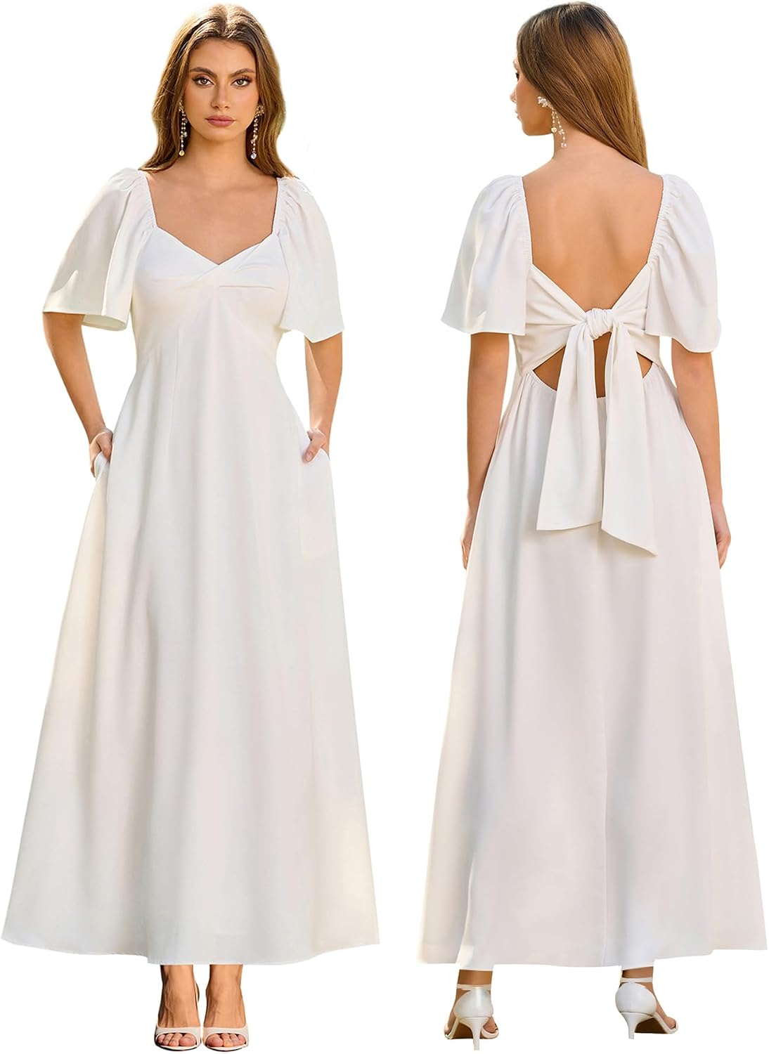 Summer Maxi Dresses for Women 2025 V Neck Short Sleeve Bow Tie Flowy Long Formal Wedding Guest Dress with Pockets