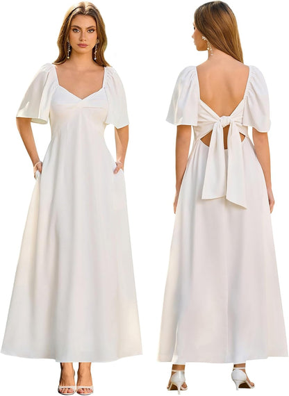 Summer Maxi Dresses for Women 2025 V Neck Short Sleeve Bow Tie Flowy Long Formal Wedding Guest Dress with Pockets