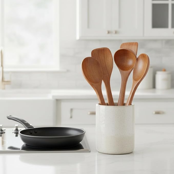 Solid Wood Cooking Utensil Set with Clear Lacquer Finish for Non-Stick Cookware, Natural Brown Kitchen Tools