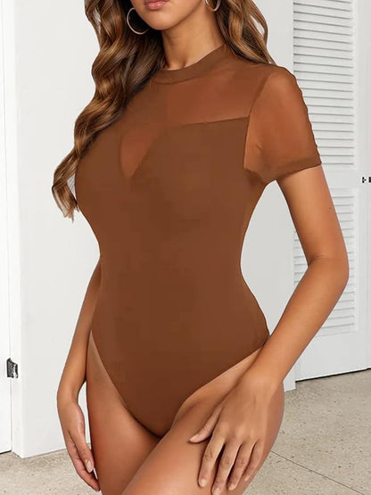 Jenbou Women's Sexy Mesh Cutout V Short Sleeve Shirts Sheer Turtle Neck Body Suits Leotard Going Out Bodysuits Tops
