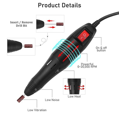 Pinkiou Professional Electric Nail Drill Manicure Filer Kit Nail Polish Machine Set with 6 Acrylic Gel Remover and 7Pcs Nail Drill Bits (Gray)