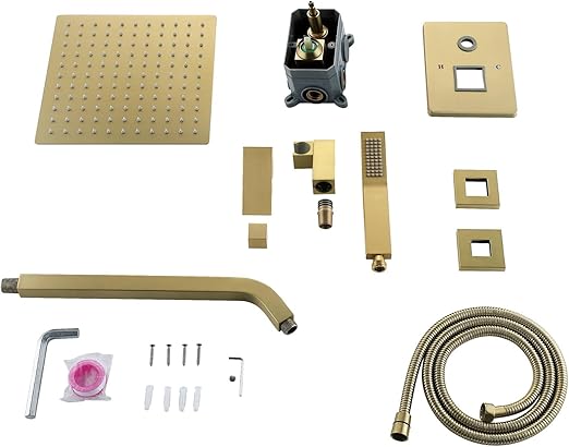 Shower Faucet set Brushed Gold Shower System with 10'' Square Rainfall Showerhead and Handheld Shower Sprayer,Inclued Control Valve and trim kit