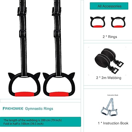 Professional Gymnastic Rings,Both for Adults and Kids,Support 440lb,Home Fitness Equipment,Indoor and Outdoor Pull-up Bar for Stretching and Height Increase (Reddark-1.5m)