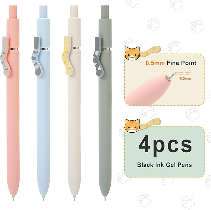 FIOVER Cat Pens,4Pcs Gel Pens, 0.5mm Quick Dry Black Ink Pens Fine Point Smooth Writing Pen, High-End Series Pens Ballpoint for Journaling Note Taking, Cat Lover Gifts for Women