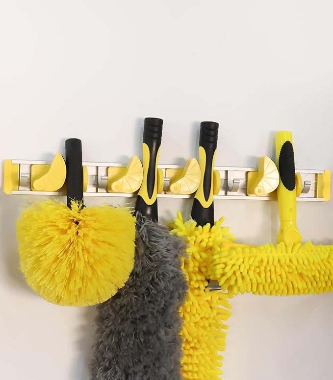 Good Grip Wall-Mounted Mop and Broom Holder Storage Organizer Cleaning Tools Hanger for Kitchen Garden Laundry Room and Garage (4 slots, 5 hooks)